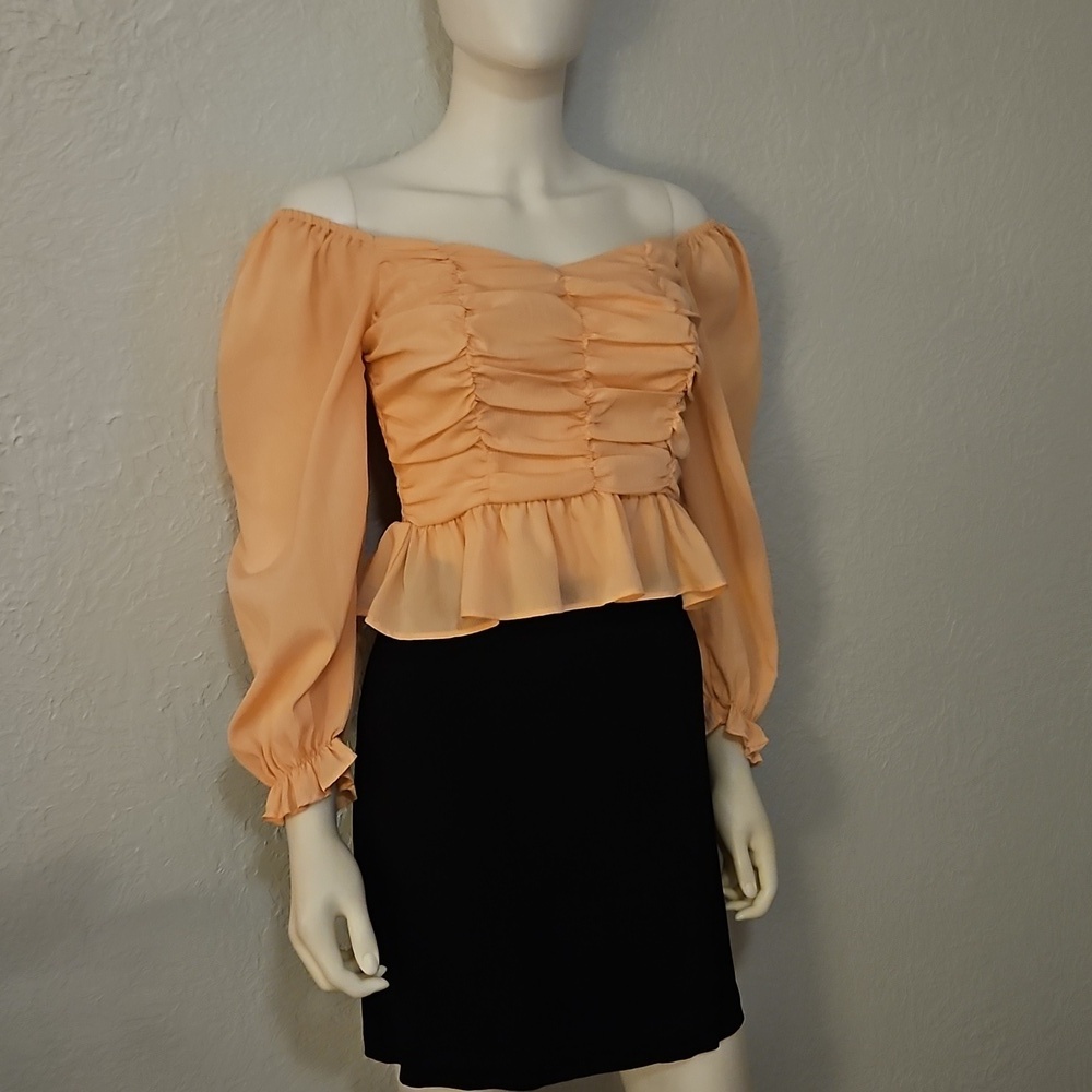 SHE & SKY Peach Off-Shoulder Ruched Peplum Ruffle Smocked Cropped Top - Picture 2 of 8